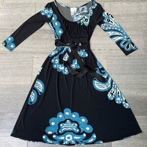 Donna Morgan Floral Paisley Long Sleeve Midi Dress Tie Waist Black Size 6